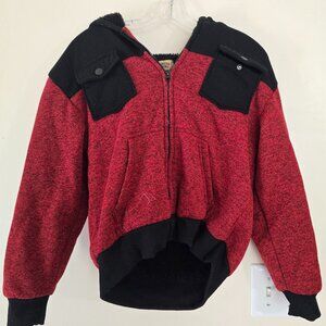 Boys Large 14/16 Red and Black Fleece Lined Coat with Hood and Pockets